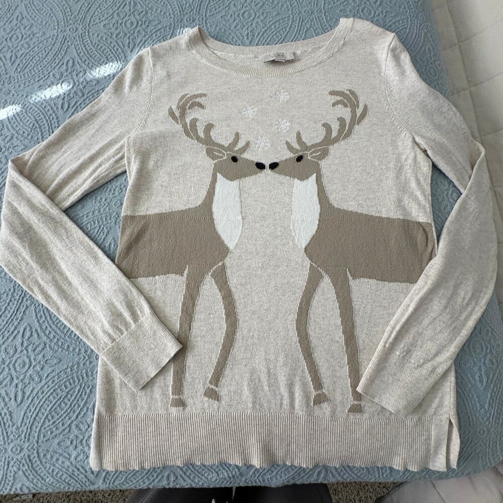 LOFT Deer Sweater Womens S Beige Winter Reindeer Holiday Pullover Knit Softgirl